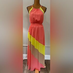 Gianni Bini Colorblock Halter Maxi Dress Small | Vibrant Pattern | Elastic Waist